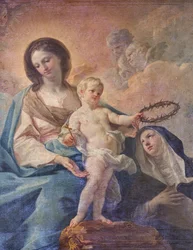 Kirche des SS Salvatore, Altar des Rosenkranzes, Unsere Liebe Frau vom Rosenkranz, Leinwand von Corrado Giaquinto (Detail), Poggiardo, Lecce, Apulien