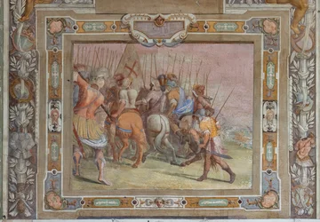 Kampfszene aus den Taten von Gottfried von Bouillon bei der Eroberung Jerusalems, um 1589-94
