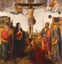 Die Kreuzigung mit der Madonna und den Heiligen Johannes dem Täufer, Maria Magdalena, Andreas und Franziskus, 1503