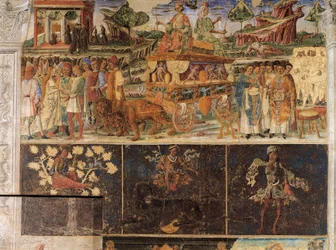 Triumph von Jupiter und Kybele und Zeichen des Löwen, Szenen aus dem Monat Juli, Fresko, Nordwand, Saal der Monate, Palazzo Schifanoia (Palast der Freude), Ferrara, Italien, um 1470