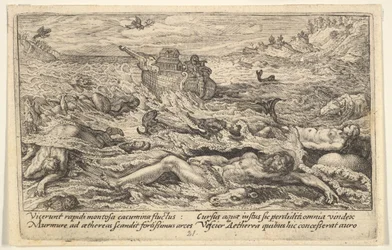 Die Sintflut zerstört das Leben auf der Erde: Leichen von Menschen und Tieren treiben im Vordergrund..., 1612