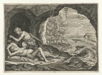 Peleus schleicht sich an die schlafende Thetis heran