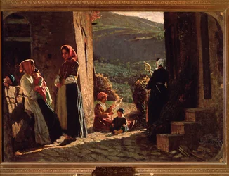 Treffen von Bauernfrauen mit Kindern bei Sonnenuntergang