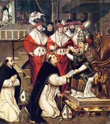 Honorius III. (Cencio Savelli, Papst von 1216 bis 1227) bestätigt den Orden des heiligen Dominikus. Gemälde von Cristobal Llorens (ca. 1550-1616)