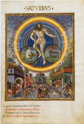 Saturn mit den Tierkreiszeichen Wassermann und Steinbock. Die Spielszenen und ihr Einfluss auf die Menschen. (Miniatur, ca. 1470)