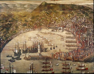 Ansicht der Stadt und des Hafens von Genua, mit einlaufenden Schiffen