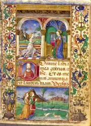 Verkündigung, Stundenbuch Borromeo, mit Giovanni III Borromeo und seiner Frau Cleófa Pio da Carpi im Gebet