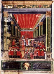 Einsetzung von Ludovico Maria Sforza genannt der Mohr (1452-1508) - Illumination aus dem Missale von Kardinal Arcimboldi, erstellt vom berühmten Miniaturisten Cristoforo de Predis. Biblioteca Capitolare, Mailand