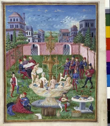 Einfluss des Merkur: der Garten der Liebe und der Jungbrunnen. Miniatur von Cristoforo de Predis (ca. 1440-ca. 1486) - in „De Sphaera“ d