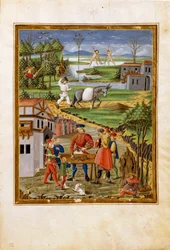 Einfluss des Mondes: Szene des Fischens, Jagens und der Landwirtschaft