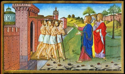 Jesus und die Aussätzigen. Miniatur von Cristoforo de Predis - in Historia del nuovo testamento