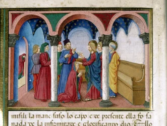 Jesus richtet eine Frau mit verdrehten Gliedern in einer Synagoge auf Miniatur von Cristoforo De Predis (1440-1486) nach der Geschichte des Neuen Testaments (fol. 78)