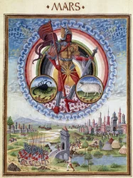 Mars mit den Tierkreiszeichen Skorpion und Widder. Unten die Kampfszenen. Miniatur von Cristoforo de Predis (ca. 1440-ca. 1486) - in „De Sphaera“ d