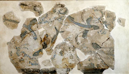 Kykladische Kunst: Fragment eines Freskos, das fliegende Fische (Seeschwalben) darstellt. Vom Fundort Phylakopi (Insel Melos) 2500 v. Chr. Dim. 23 cm Athen, Nationales Archäologisches Museum