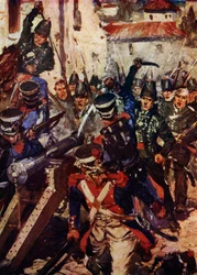 Die Rifle Brigade räumt ein Dorf (Farblithografie)