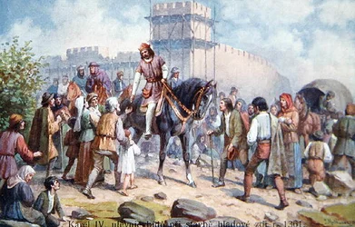 Karl IV. begrüßt einfache Leute während seiner Erweiterung der Befestigungen von Prag im Jahr 1361, frühe 20. Jahrhundert Postkarte