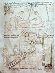 Ms 23 C 124 fol.3 Der Bau des Turms von Babel, aus der Velislav-Bibel, ca. 1340