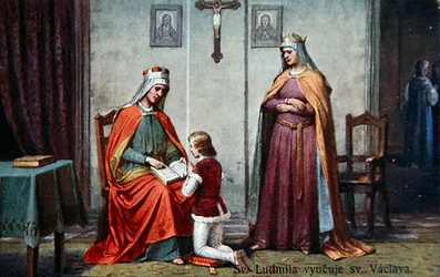 Die Erziehung des heiligen Wenzel durch seine Großmutter Ludmilla, frühe zwanzigste Jahrhundert Postkarte