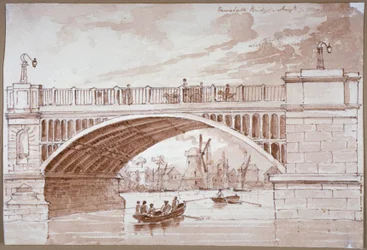 Ansicht eines kleinen Bootes unter der Vauxhall-Brücke, London