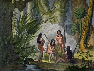 Camacani-Stammesangehörige in einem Wald im Amazonas-Dschungel, Brasilien, aus „Le Costume Ancien et Moderne“, Band I, Tafel 53, von Jules Ferrario, veröffentlicht ca. 1820er-30er Jahre