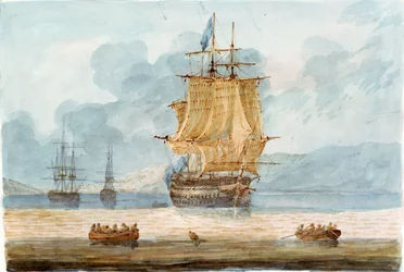 Britisches Kriegsschiff und andere Schiffe in einem Ankerplatz, mit Schiffsbooten im Vordergrund, ca. 1798-1805
