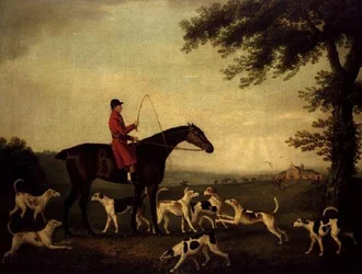 Jäger mit Hunden in einer Landschaft