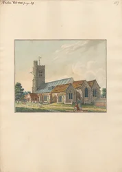 Kirchhof von Heston mit einem Künstler, der die Grabsteine skizziert