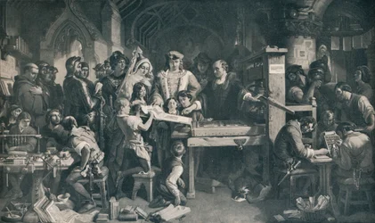 Caxton zeigt König Edward IV das erste Exemplar seines Drucks, um 1858, 1911