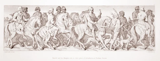 Harold und seine Ritter reiten zu ihrem Einschiffungsort in Bosham, Sussex, aus 