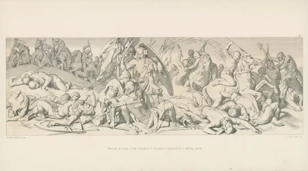 Harold, vor dem Standard von England, wird von einem fallenden Pfeil durchbohrt