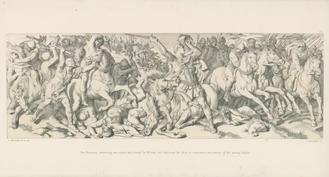 Die Normannen, die sich zurückziehen, werden von Wilhelm aufgehalten, der sein Gesicht enthüllt, um das Gerücht seines Todes zu widerlegen