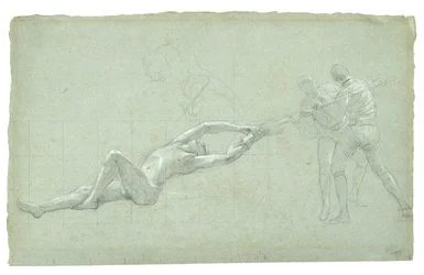 Studie für Die Belagerung von Gibraltar (Studie einer geretteten Figur und zwei Figuren, die an einem Ruder ziehen), 1785-1786