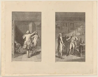 Baron jagt Candide zum Schloss hinaus [links]; Candide, Kunigunde und die Alte vor dem Stadthalter von Buenos Aires [rechts]