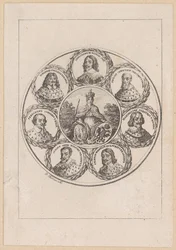 Germania mit den Porträts des Kaisers Ferdinand III. und sechs Kurfürsten aus der Zeit des 30-jährigen Krieges
