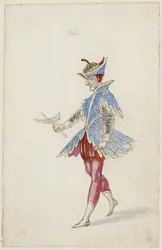 Männliche Figur in blau-rotem Kostüm aus dem Ballet des quatre saisons de l