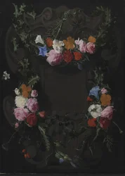 Steinkartusche mit einem Blumenkranz