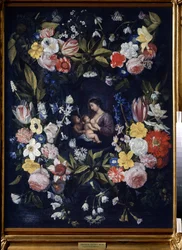 Blumenkranz mit Madonna und Kind
