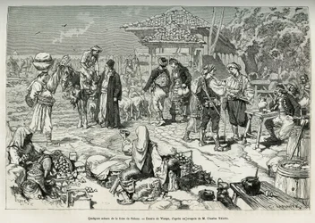 Einige alltägliche Szenen von der Salone-Messe (Kroatien), Verkauf von Obst, Gemüse, Geflügel und Lämmern sowie aufgestellte Tische zum Durstlöschen. Gravur nach der Zeichnung von Virgo, zur Illustration der Reise nach Dalmatien, von Charles Yriarte, 1874,