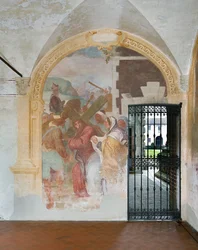 Jesus mit dem Kreuz nach Kalvarien und das Treffen mit den Heiligen Frauen