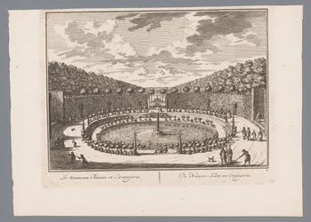 Ansicht eines Teiches mit Brunnen im Garten von Schloss Zeist