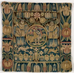 Wandteppichkissenbezug, der Samson darstellt, der den Löwen erschlägt, hergestellt in Schleswig-Holstein, Dänemark, ca. 1615