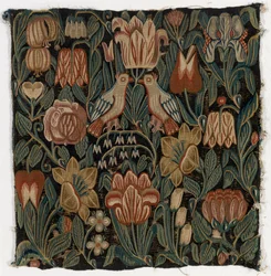 Wandteppich-Kissenbezug mit zwei Vögeln zwischen Blumen, hergestellt in Schleswig-Holstein, Dänemark, um 1690