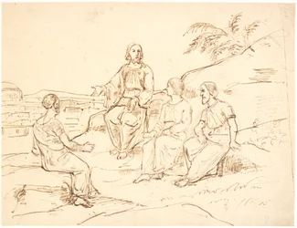 Biblische Szene: Christus sitzt mit drei Aposteln auf einem Berg