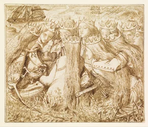 Entwurf für Moxons Tennyson - König Artus und die weinenden Königinnen