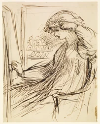 Frau, die an einem Stickrahmen oder Staffelei sitzt