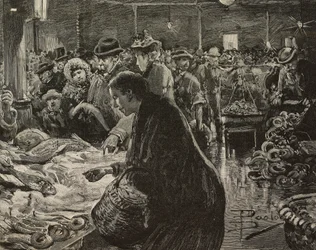 Weihnachtsmarkt in Rom, Italien, Gravur nach einer Zeichnung von Dante Paolocci, aus L