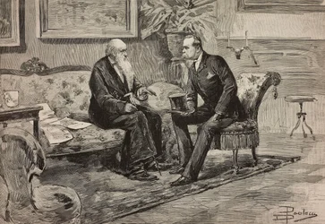 König Umberto I. von Savoyen (1844-1900) und Präsident des Rates Agostino de Pretis (1813-1887), Gravur nach Zeichnung von Dante Paolocci, aus L
