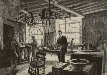 Mechanische Werkstatt in der Münze von Rom, Italien, Gravur nach Zeichnung von Dante Paolocci, aus L