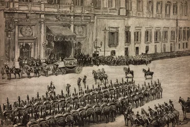 Eröffnung des Parlaments, Ankunft von König Umberto I. in Montecitorio, Rom, Italien, Gravur nach einer Zeichnung von Dante Paolocci, L