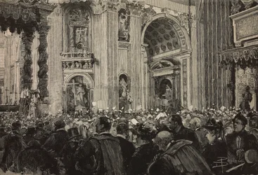 Päpstlicher Segen anlässlich des bischöflichen Jubiläums von Leo XIII., Petersdom, Vatikan (Stich nach einer Zeichnung von Dante Paolocci)